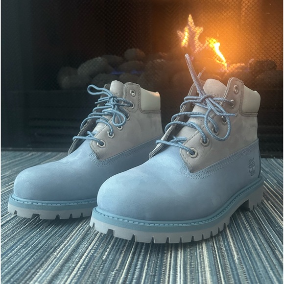 🆕Timberland Big Kids Size 2 Baby Blue and Grey Leather Boots - Picture 3 of 7